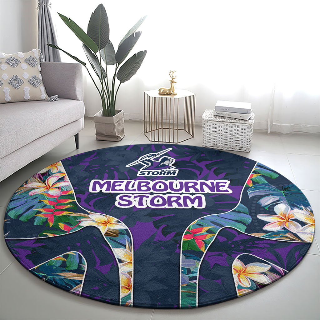 Melbourne Storm Round Carpet Tropical Hibiscus Floral Pattern With Purple And Blue Accents