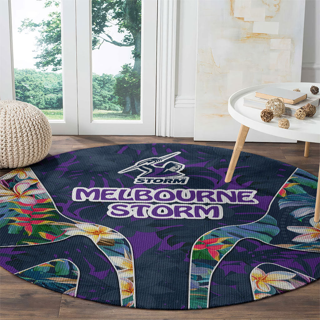 Melbourne Storm Round Carpet Tropical Hibiscus Floral Pattern With Purple And Blue Accents