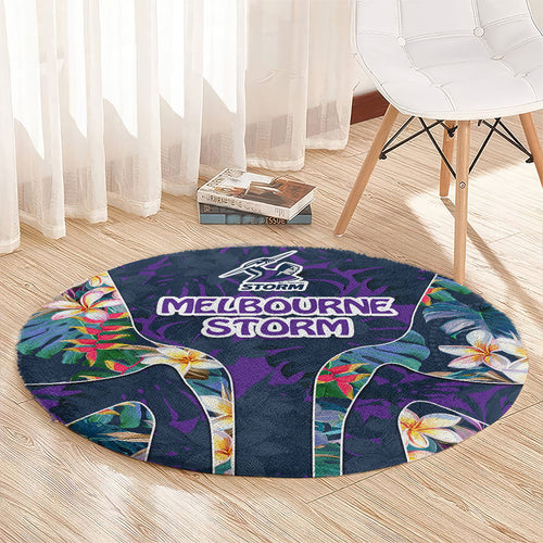 Melbourne Storm Round Carpet Tropical Hibiscus Floral Pattern With Purple And Blue Accents