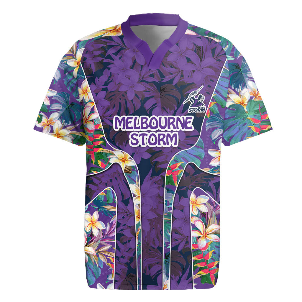 Melbourne Storm Rugby Jersey Tropical Hibiscus Floral Pattern With Purple And Blue Accents