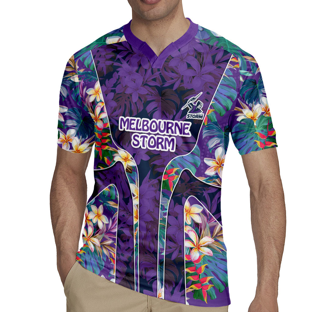 Melbourne Storm Rugby Jersey Tropical Hibiscus Floral Pattern With Purple And Blue Accents