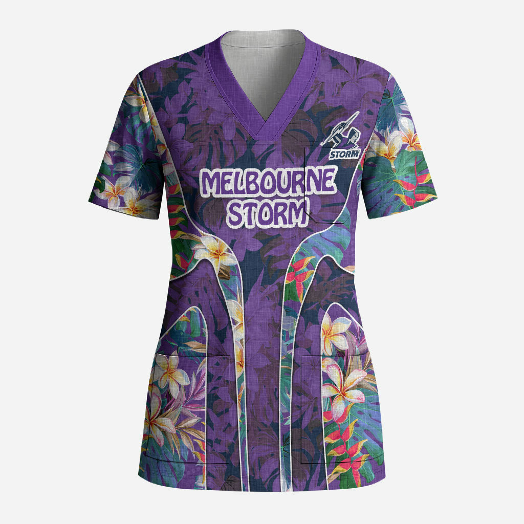 Melbourne Storm Scrub Top Tropical Hibiscus Floral Pattern With Purple And Blue Accents