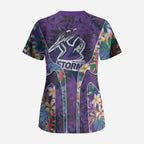 Melbourne Storm Scrub Top Tropical Hibiscus Floral Pattern With Purple And Blue Accents