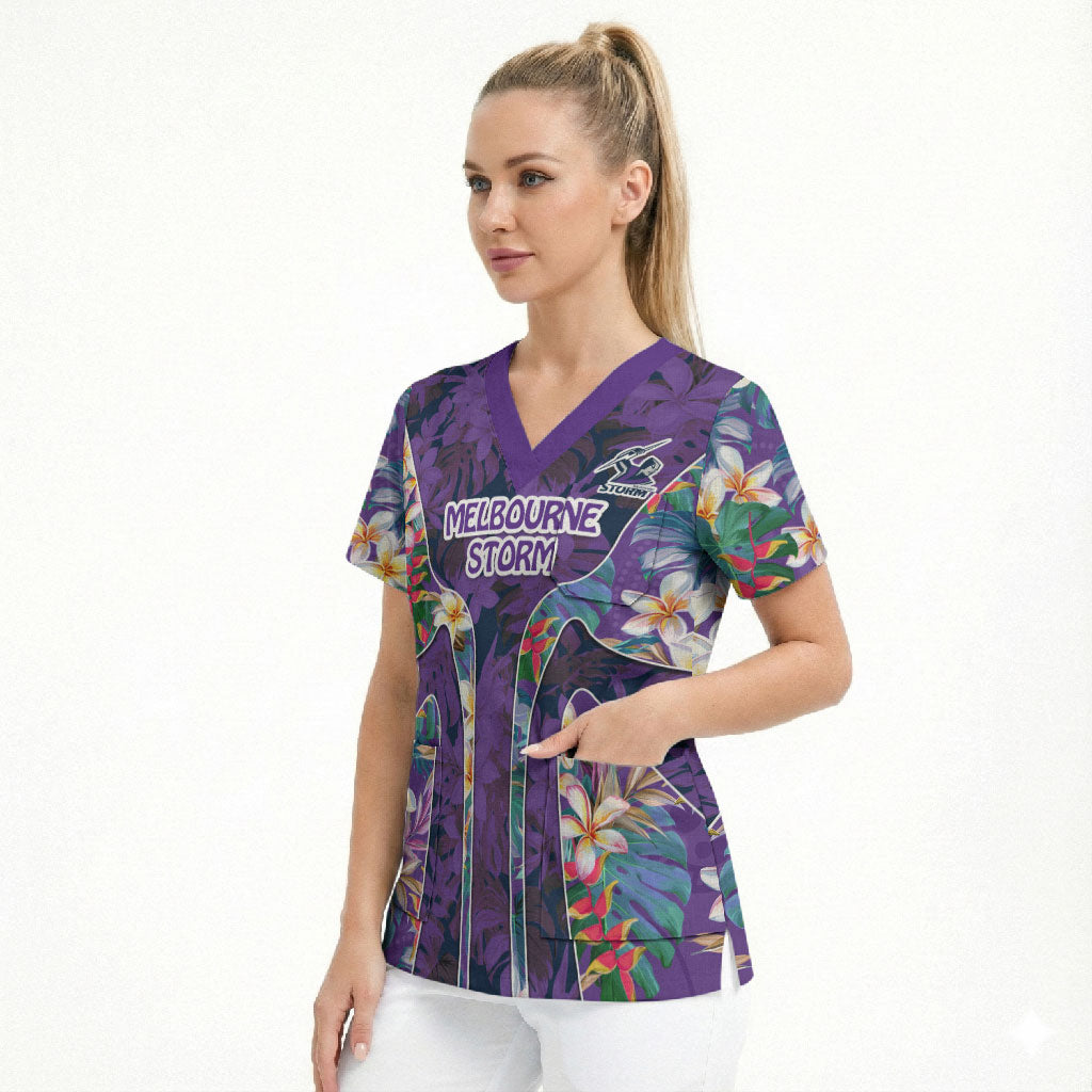 Melbourne Storm Scrub Top Tropical Hibiscus Floral Pattern With Purple And Blue Accents