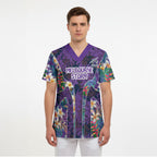 Melbourne Storm Scrub Top Tropical Hibiscus Floral Pattern With Purple And Blue Accents