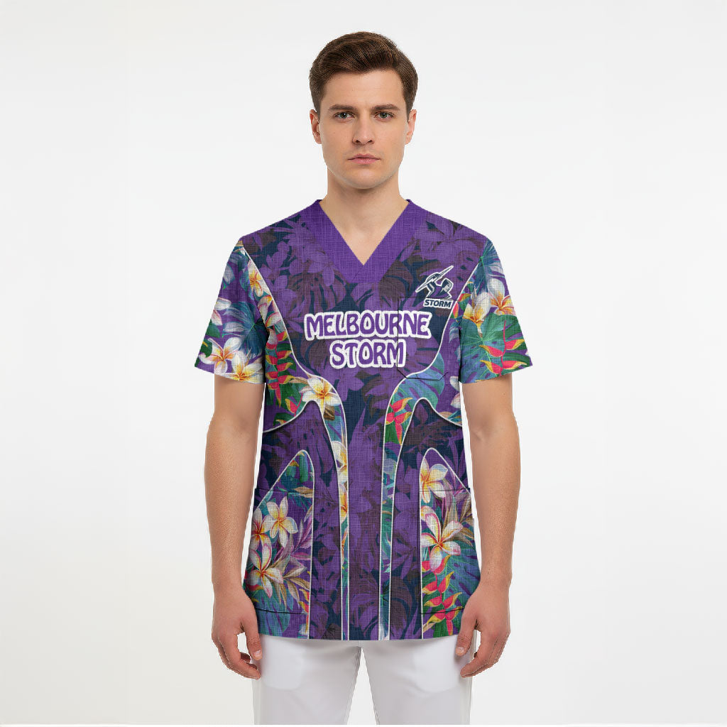 Melbourne Storm Scrub Top Tropical Hibiscus Floral Pattern With Purple And Blue Accents