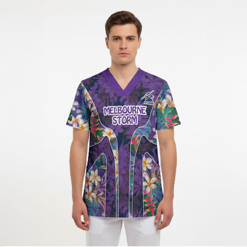 Melbourne Storm Scrub Top Tropical Hibiscus Floral Pattern With Purple And Blue Accents