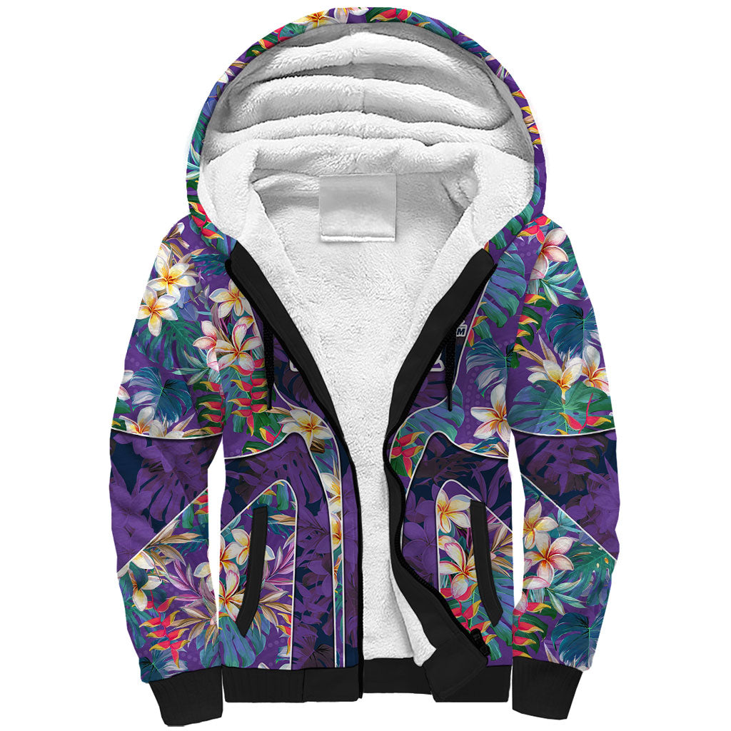 Melbourne Storm Sherpa Hoodie Tropical Hibiscus Floral Pattern With Purple And Blue Accents