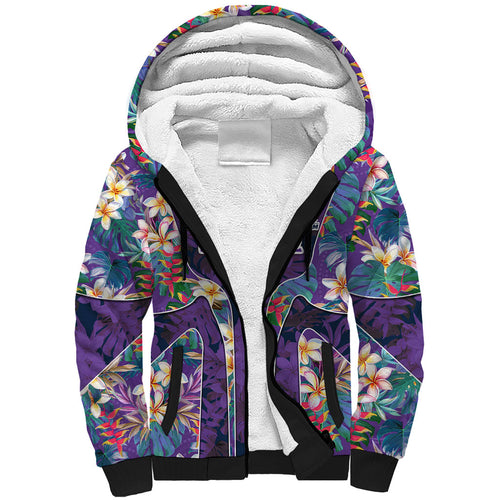 Melbourne Storm Sherpa Hoodie Tropical Hibiscus Floral Pattern With Purple And Blue Accents