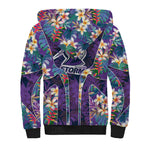 Melbourne Storm Sherpa Hoodie Tropical Hibiscus Floral Pattern With Purple And Blue Accents