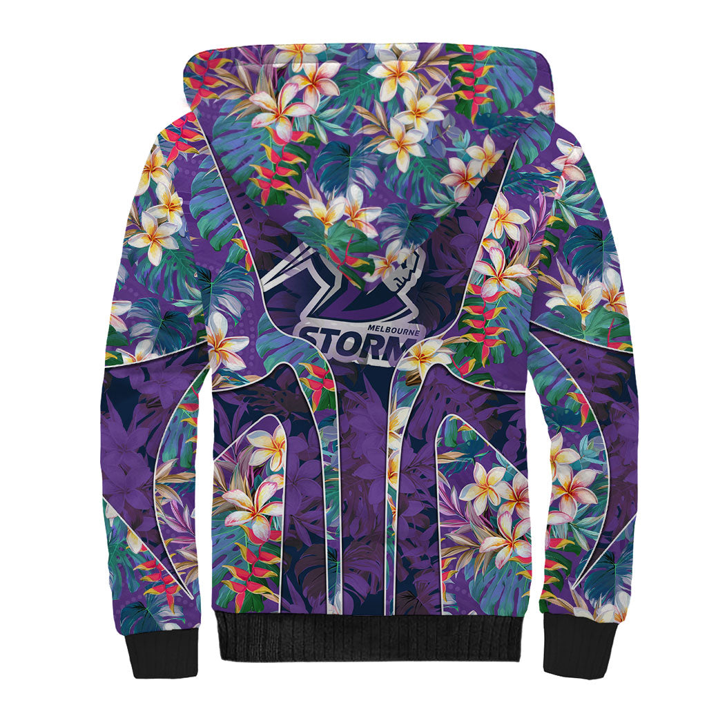 Melbourne Storm Sherpa Hoodie Tropical Hibiscus Floral Pattern With Purple And Blue Accents