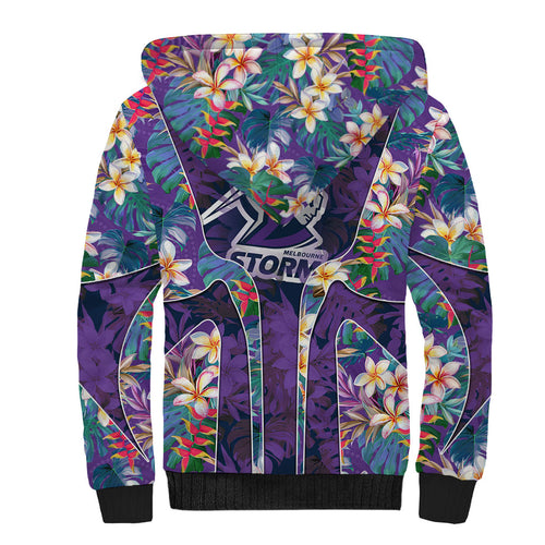 Melbourne Storm Sherpa Hoodie Tropical Hibiscus Floral Pattern With Purple And Blue Accents