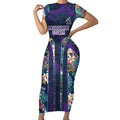 Melbourne Storm Short Sleeve Bodycon Dress Tropical Hibiscus Floral Pattern With Purple And Blue Accents