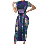 Melbourne Storm Short Sleeve Bodycon Dress Tropical Hibiscus Floral Pattern With Purple And Blue Accents