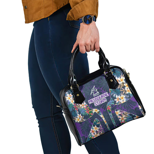 Melbourne Storm Shoulder Handbag Tropical Hibiscus Floral Pattern With Purple And Blue Accents