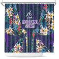 Melbourne Storm Shower Curtain Tropical Hibiscus Floral Pattern With Purple And Blue Accents