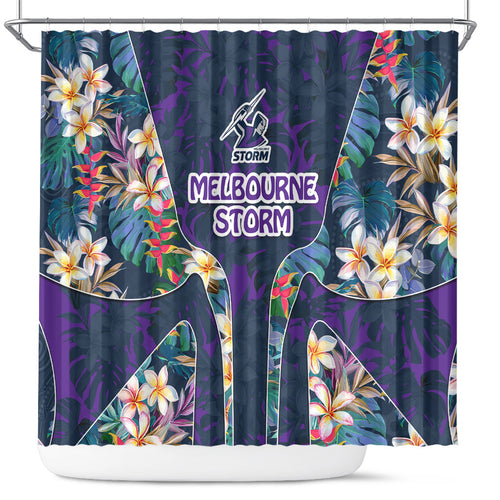 Melbourne Storm Shower Curtain Tropical Hibiscus Floral Pattern With Purple And Blue Accents