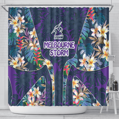 Melbourne Storm Shower Curtain Tropical Hibiscus Floral Pattern With Purple And Blue Accents