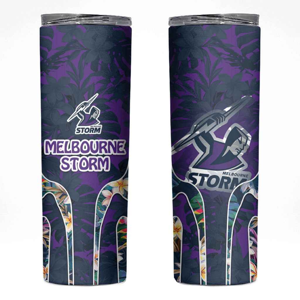 Melbourne Storm Skinny Tumbler Tropical Hibiscus Floral Pattern With Purple And Blue Accents