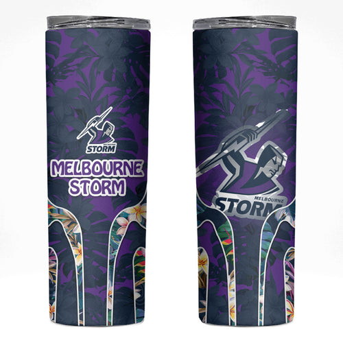 Melbourne Storm Skinny Tumbler Tropical Hibiscus Floral Pattern With Purple And Blue Accents