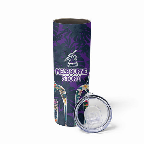 Melbourne Storm Skinny Tumbler Tropical Hibiscus Floral Pattern With Purple And Blue Accents