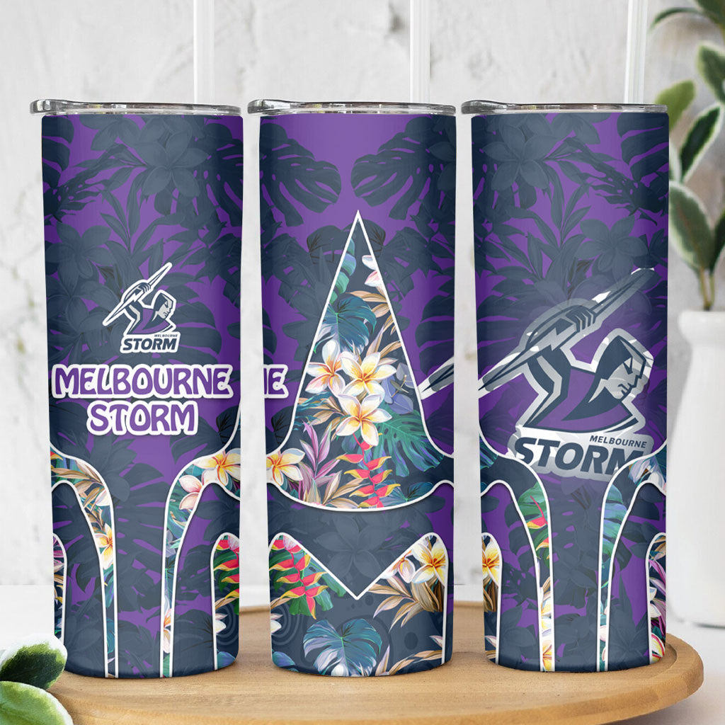 Melbourne Storm Skinny Tumbler Tropical Hibiscus Floral Pattern With Purple And Blue Accents