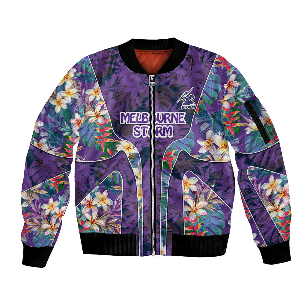 Melbourne Storm Sleeve Zip Bomber Jacket Tropical Hibiscus Floral Pattern With Purple And Blue Accents