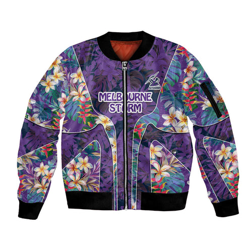 Melbourne Storm Sleeve Zip Bomber Jacket Tropical Hibiscus Floral Pattern With Purple And Blue Accents