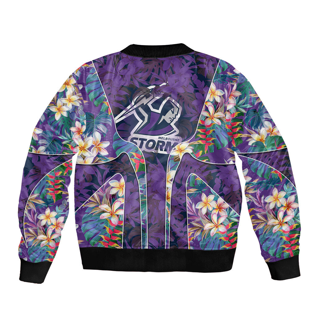 Melbourne Storm Sleeve Zip Bomber Jacket Tropical Hibiscus Floral Pattern With Purple And Blue Accents