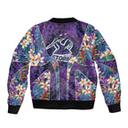 Melbourne Storm Sleeve Zip Bomber Jacket Tropical Hibiscus Floral Pattern With Purple And Blue Accents