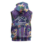 Melbourne Storm Sleeveless Hoodie Tropical Hibiscus Floral Pattern With Purple And Blue Accents