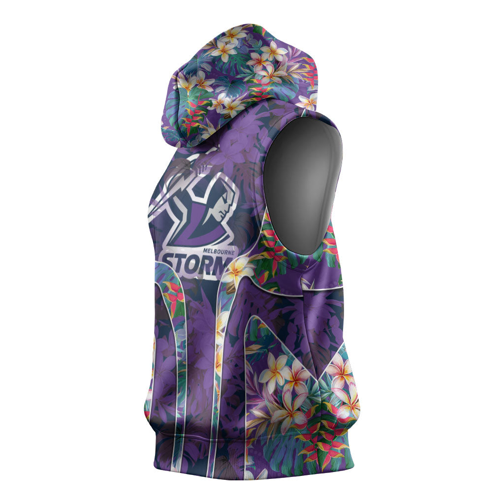 Melbourne Storm Sleeveless Hoodie Tropical Hibiscus Floral Pattern With Purple And Blue Accents