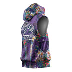 Melbourne Storm Sleeveless Hoodie Tropical Hibiscus Floral Pattern With Purple And Blue Accents