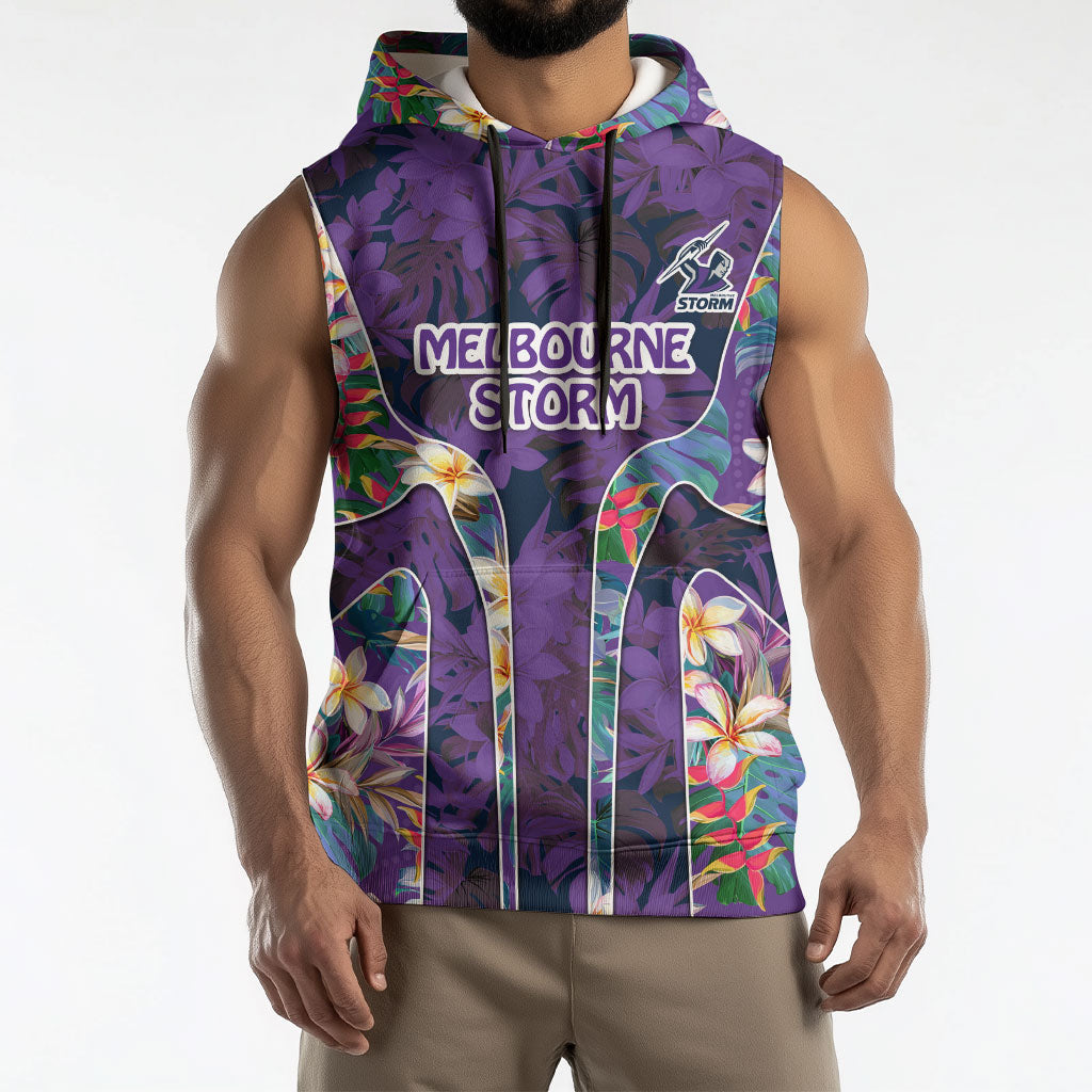Melbourne Storm Sleeveless Hoodie Tropical Hibiscus Floral Pattern With Purple And Blue Accents
