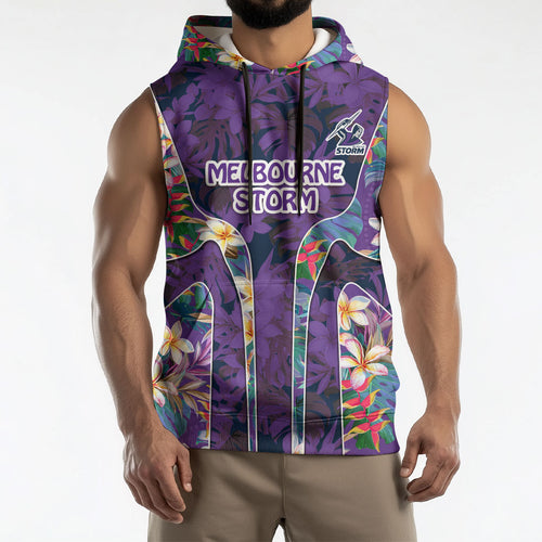 Melbourne Storm Sleeveless Hoodie Tropical Hibiscus Floral Pattern With Purple And Blue Accents