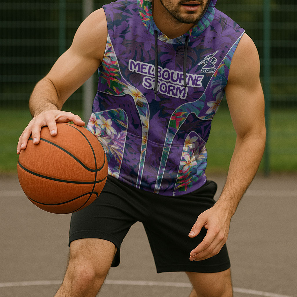 Melbourne Storm Sleeveless Hoodie Tropical Hibiscus Floral Pattern With Purple And Blue Accents