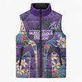 Melbourne Storm Sleeveless Puffer Jacket Tropical Hibiscus Floral Pattern With Purple And Blue Accents