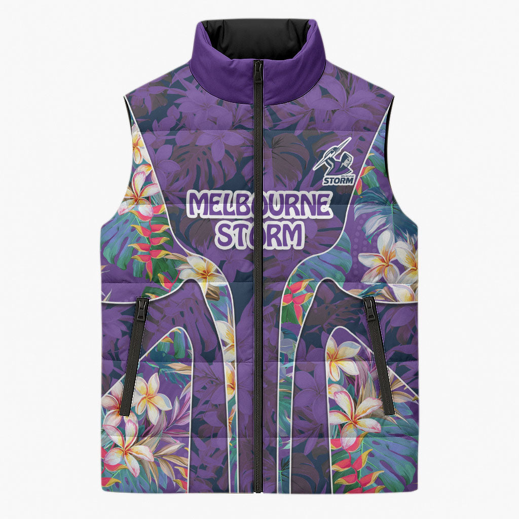 Melbourne Storm Sleeveless Puffer Jacket Tropical Hibiscus Floral Pattern With Purple And Blue Accents