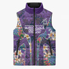Melbourne Storm Sleeveless Puffer Jacket Tropical Hibiscus Floral Pattern With Purple And Blue Accents