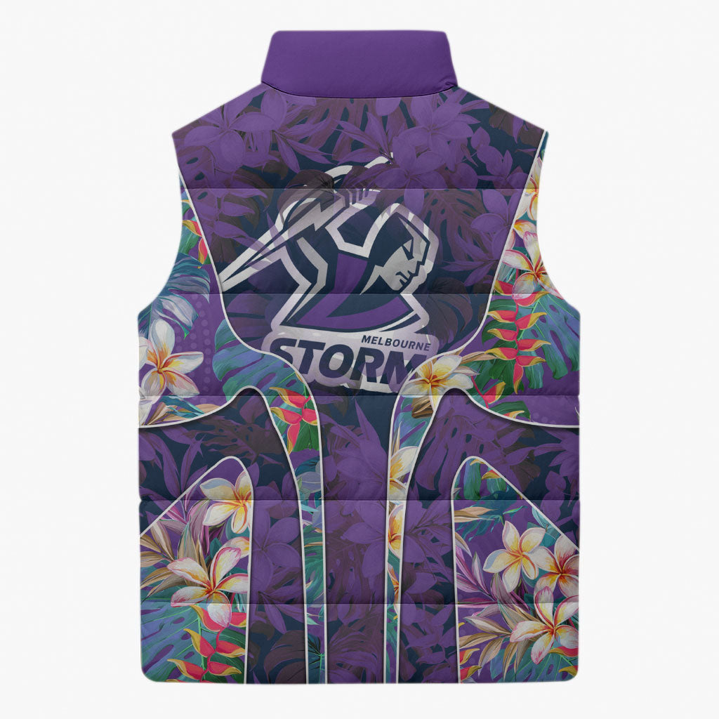 Melbourne Storm Sleeveless Puffer Jacket Tropical Hibiscus Floral Pattern With Purple And Blue Accents