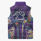 Melbourne Storm Sleeveless Puffer Jacket Tropical Hibiscus Floral Pattern With Purple And Blue Accents