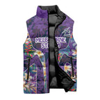 Melbourne Storm Sleeveless Puffer Jacket Tropical Hibiscus Floral Pattern With Purple And Blue Accents