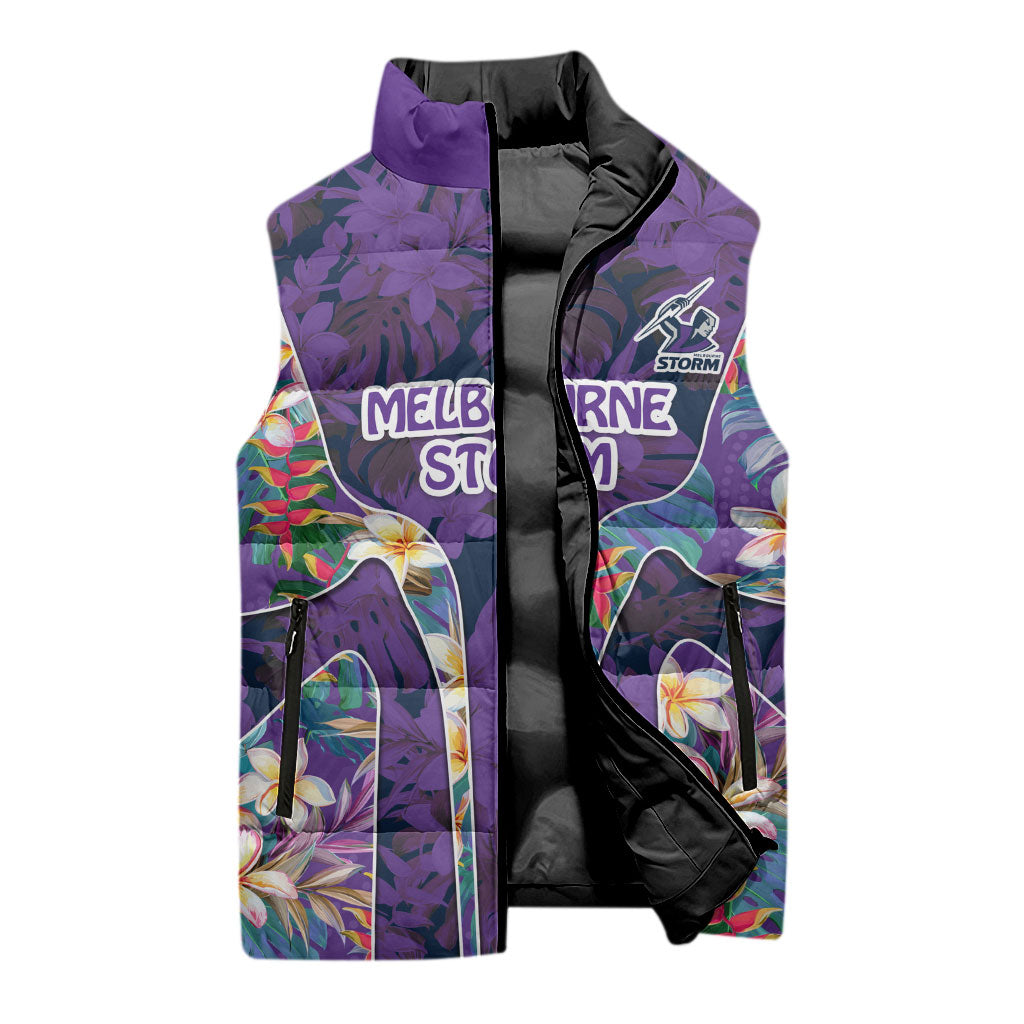 Melbourne Storm Sleeveless Puffer Jacket Tropical Hibiscus Floral Pattern With Purple And Blue Accents