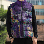 Melbourne Storm Sleeveless Puffer Jacket Tropical Hibiscus Floral Pattern With Purple And Blue Accents