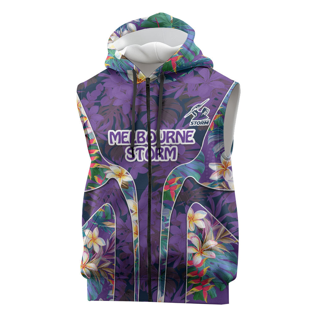Melbourne Storm Sleeveless Zip Hoodie Tropical Hibiscus Floral Pattern With Purple And Blue Accents