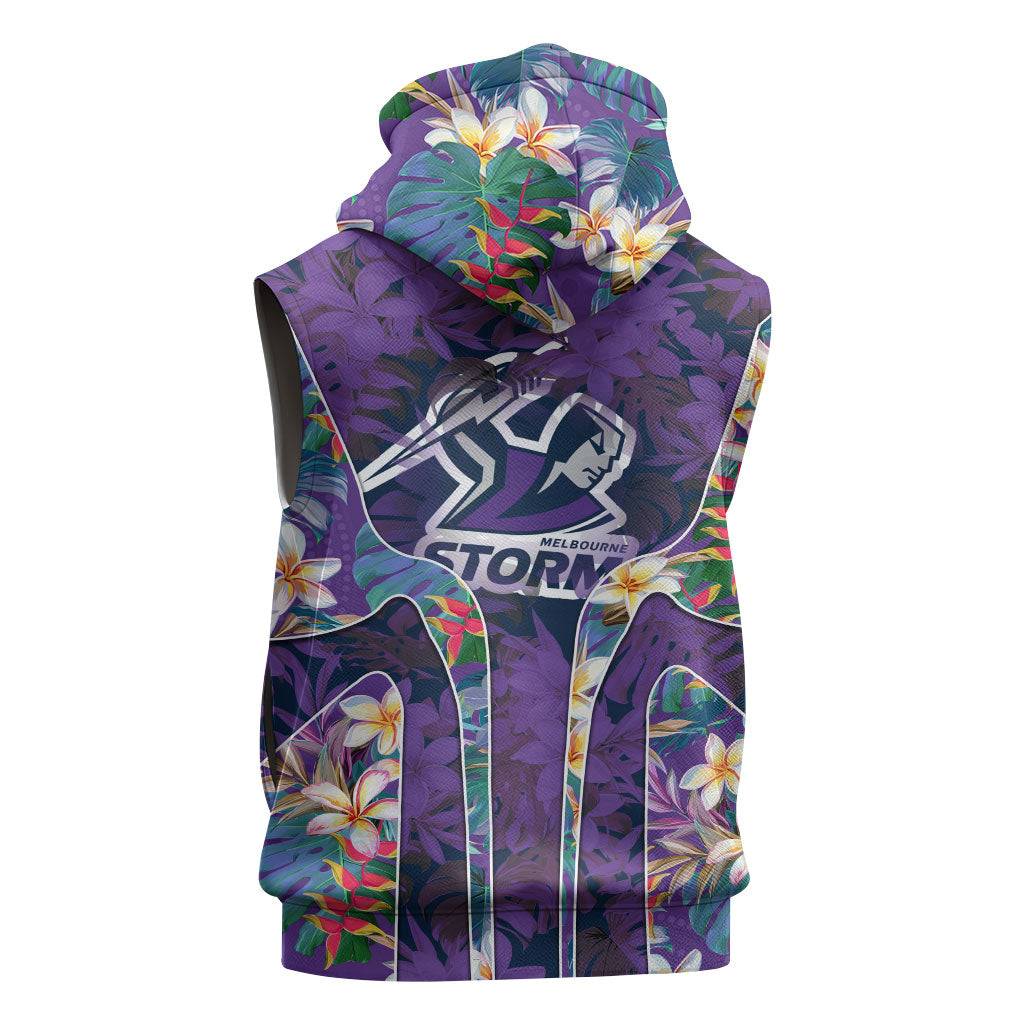 Melbourne Storm Sleeveless Zip Hoodie Tropical Hibiscus Floral Pattern With Purple And Blue Accents