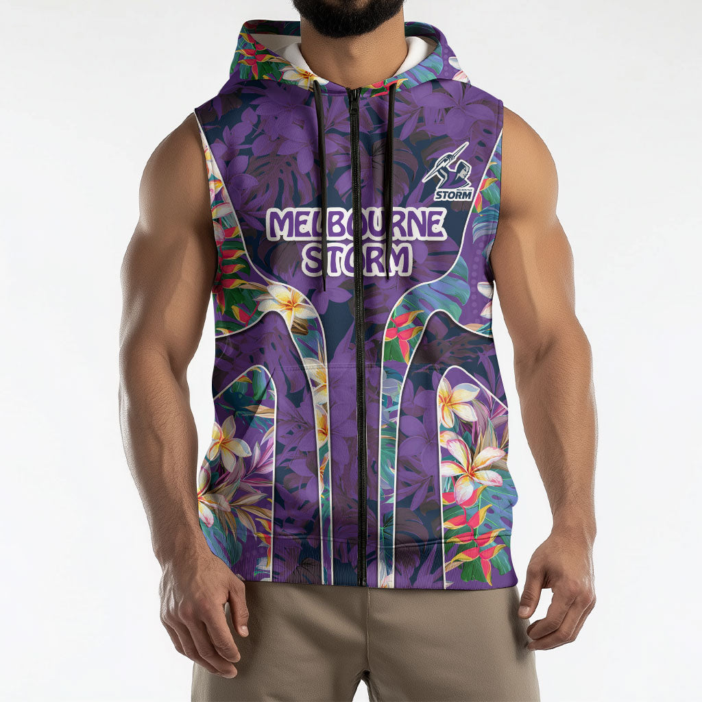 Melbourne Storm Sleeveless Zip Hoodie Tropical Hibiscus Floral Pattern With Purple And Blue Accents