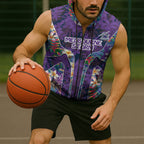 Melbourne Storm Sleeveless Zip Hoodie Tropical Hibiscus Floral Pattern With Purple And Blue Accents