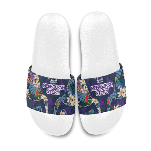 Melbourne Storm Slide Sandals Tropical Hibiscus Floral Pattern With Purple And Blue Accents