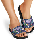 Melbourne Storm Slide Sandals Tropical Hibiscus Floral Pattern With Purple And Blue Accents